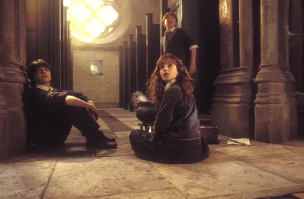HD PC desktop wallpaper featuring Harry Potter, Hermione Granger (Emma Watson), and Ron Weasley (Rupert Grint) from the movie Harry Potter and the Chamber of Secrets.