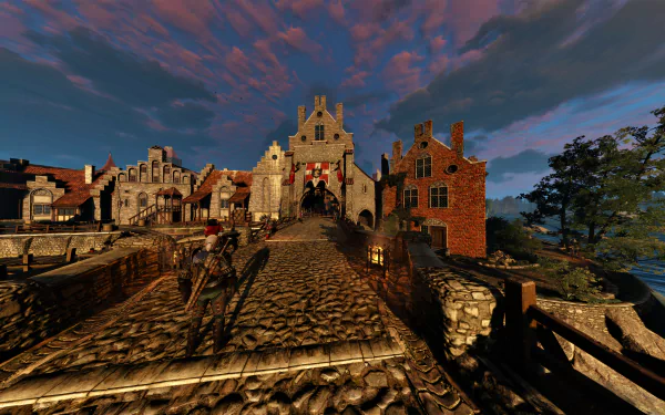 Geralt of Rivia walking on a cobblestone bridge toward a medieval town at sunset, captured in an 8K Ultra HD wallpaper from The Witcher 3: Wild Hunt video game.