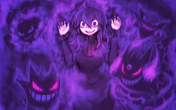 A vibrant HD wallpaper featuring Mega Gengar, Gengar, Haunter, and Gastly, alongside the Hex Maniac, all set against a mystical purple background from the Pokémon universe.