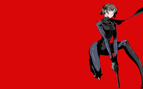 HD PC desktop wallpaper featuring Makoto Niijima from the video game Persona 5, set against a bold red background with dynamic posing and sleek black attire.
