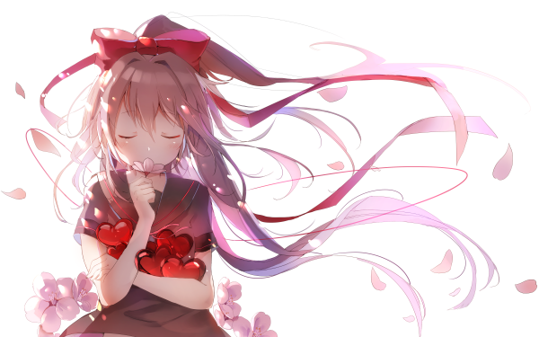 Anime Original Long Hair Ponytail Brown Hair Flower bow Heart HD Wallpaper | Background Image