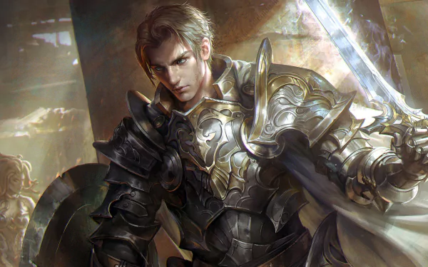 A blonde fantasy warrior clad in ornate armor wields a glowing sword, surrounded by an epic, mystical atmosphere in this HD fantasy desktop wallpaper.
