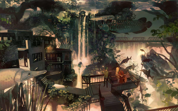 A 4K Ultra HD anime cityscape with a blonde, short-haired character playing flute and piano beside a waterfall, surrounded by fish and lush greenery.
