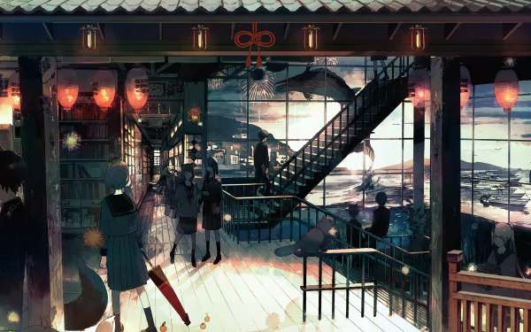 Anime scene featuring a cat girl holding an umbrella inside a lantern-lit library with a giant whale in the background. High-definition desktop wallpaper and original artwork.