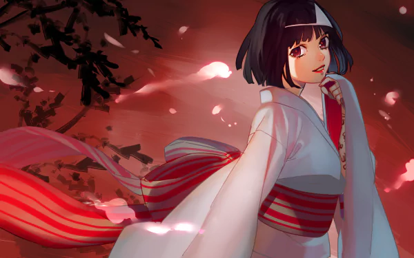 HD anime desktop wallpaper featuring Nora from Noragami, depicted in a traditional white kimono with a red and black background illuminated by floating lights.