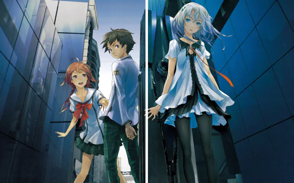 HD anime wallpaper featuring Yuka Endo, Arato Endou, and Lacia from Beatless in an urban setting with reflective blue walls.