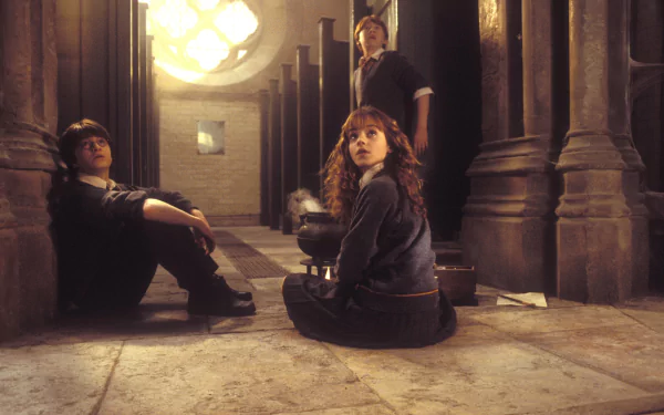 HD PC desktop wallpaper featuring Harry Potter, Hermione Granger (Emma Watson), and Ron Weasley (Rupert Grint) from the movie Harry Potter and the Chamber of Secrets.