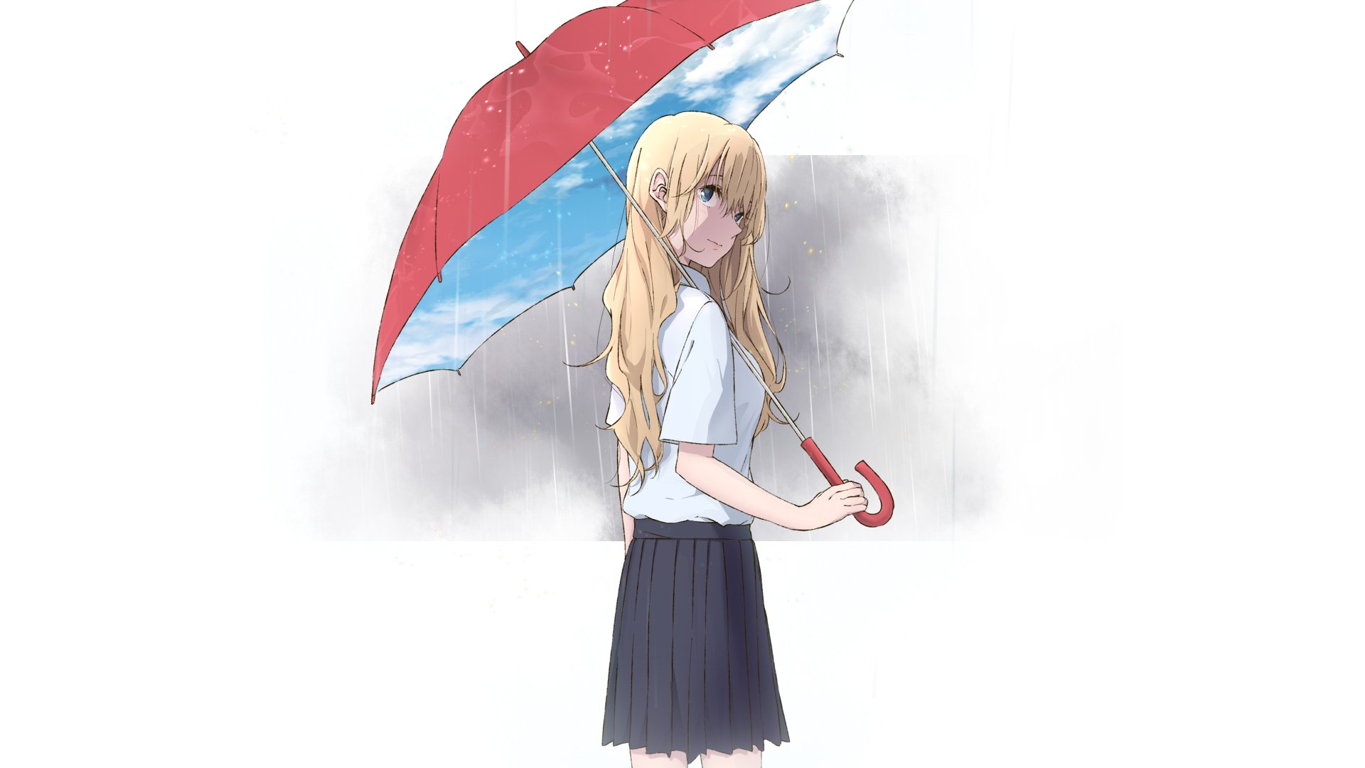Anime girl with long blonde hair holding a red and white umbrella, featured in a detailed 4K Ultra HD PC desktop wallpaper and background.