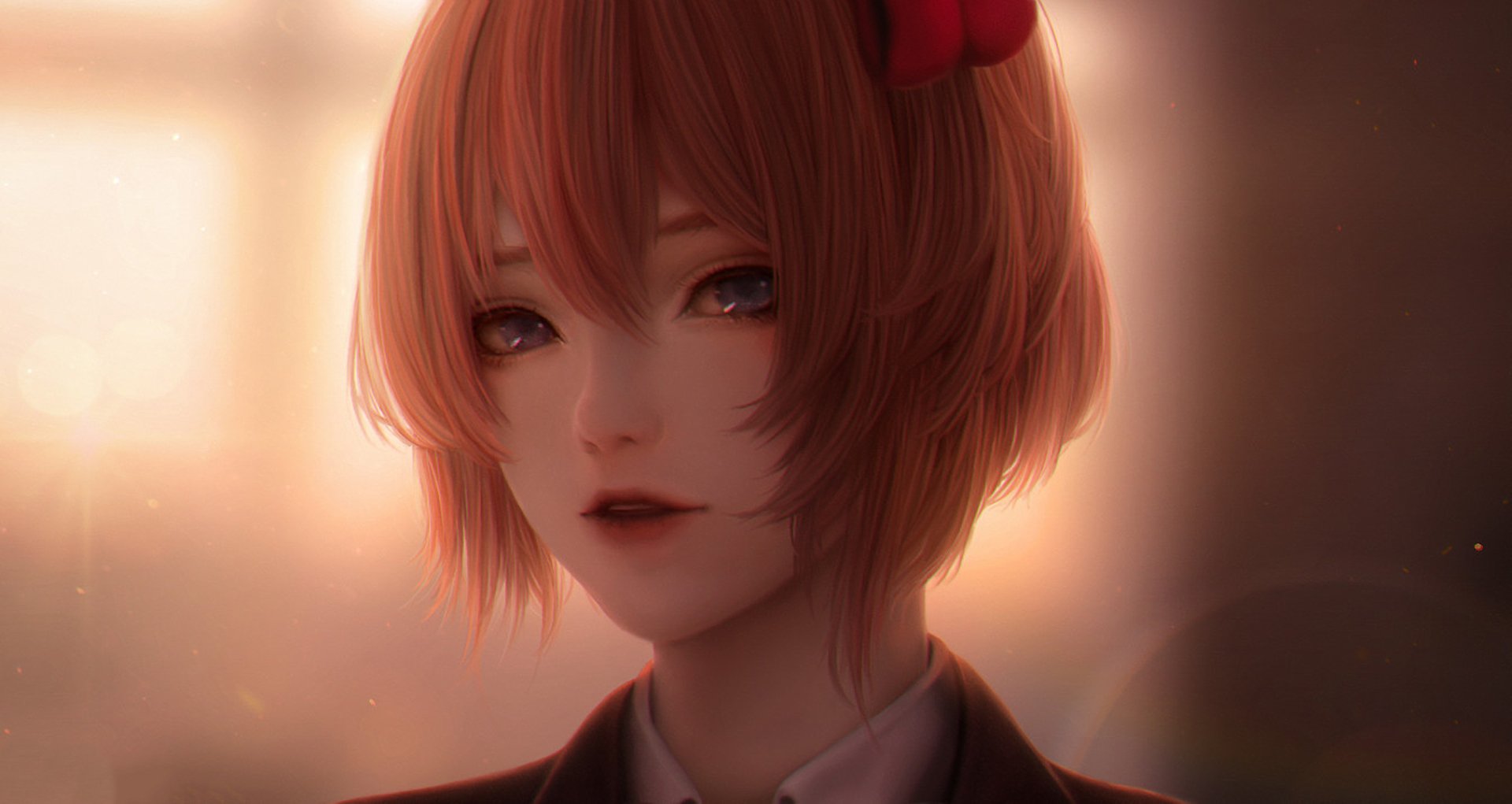 HD PC desktop wallpaper featuring Sayori from the video game Doki Doki Literature Club!, showcasing her with soft lighting and detailed anime-style art.