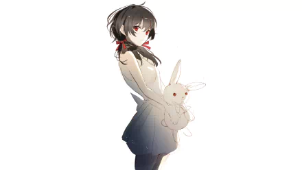HD anime desktop wallpaper featuring a dark-haired anime girl with red eyes holding a white rabbit against a white background.