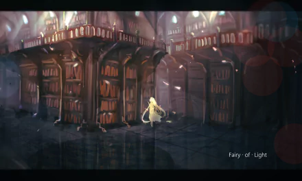Anime-style HD desktop wallpaper depicting a glowing figure in a vast, dimly lit library, blending original art with a magical, ethereal atmosphere.