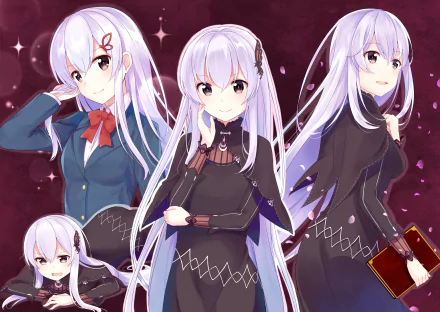 A vibrant HD wallpaper featuring Echidna from Re:Zero - Starting Life in Another World, showcasing her in various poses with her signature white hair and elegant attire.