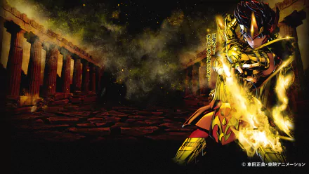 Anime-style Saint Seiya warrior in golden armor, glowing with energy, set against ancient ruins under a dramatic, smoky sky in a 4K Ultra HD desktop wallpaper.
