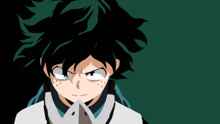 Minimalist HD desktop wallpaper featuring Izuku Midoriya from the anime My Hero Academia, against a dark green background.
