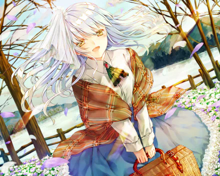 Anime original HD PC desktop wallpaper background — white-haired girl in a plaid shawl by a wooden fence, wind-blown hair, basket and spring flowers with snowy hills beyond.