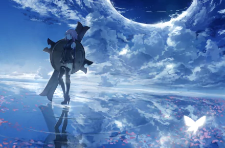HD desktop wallpaper of Mashu Kyrielight, also known as Shielder, from Fate/Grand Order. The anime character stands in a serene, reflective landscape under a vast, cloudy sky with a moonlit background.