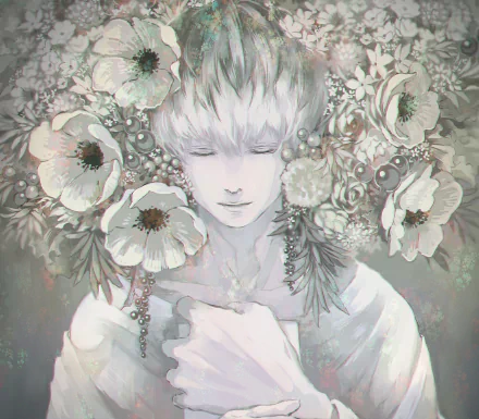 A high-definition desktop wallpaper featuring Haise Sasaki from Tokyo Ghoul:re, depicted in an artistic style with white hair and surrounded by large flowers.