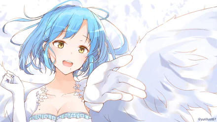 HD desktop wallpaper featuring Moira, an anime-style Virtual YouTuber with blue hair and white angel wings, extending her hand toward the viewer.