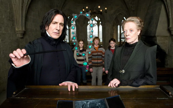 HD desktop wallpaper featuring Severus Snape, Harry Potter, Ron Weasley, Hermione Granger, and Professor McGonagall from the movie Harry Potter and the Half-Blood Prince.