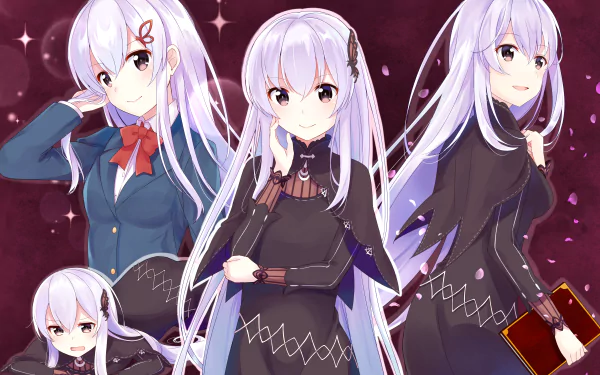 A vibrant HD wallpaper featuring Echidna from Re:Zero - Starting Life in Another World, showcasing her in various poses with her signature white hair and elegant attire.