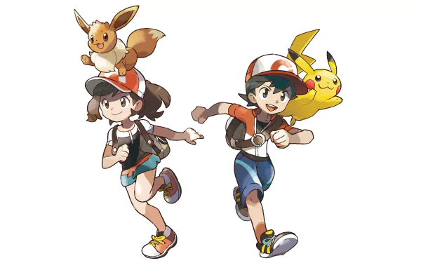 HD desktop wallpaper featuring Chase with Pikachu and Elaine with Eevee from Pokémon Let's Go Pikachu and Let's Go Eevee video games.