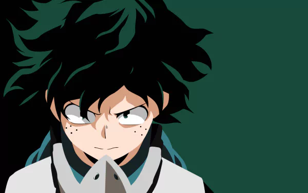 Minimalist HD desktop wallpaper featuring Izuku Midoriya from the anime My Hero Academia, against a dark green background.