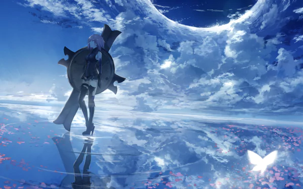 HD desktop wallpaper of Mashu Kyrielight, also known as Shielder, from Fate/Grand Order. The anime character stands in a serene, reflective landscape under a vast, cloudy sky with a moonlit background.