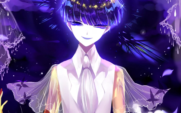 HD anime wallpaper featuring Lapis Lazuli from Land of the Lustrous, showcasing vibrant purples and intricate, glowing details in a captivating desktop background.