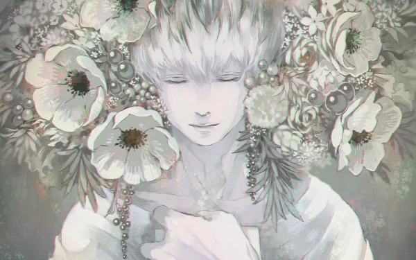 A high-definition desktop wallpaper featuring Haise Sasaki from Tokyo Ghoul:re, depicted in an artistic style with white hair and surrounded by large flowers.