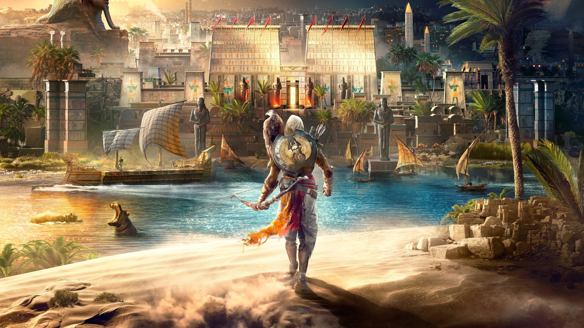 A stunning 4K Ultra HD wallpaper from Assassin's Creed Origins, featuring a character walking along a sandy shore, with ancient Egyptian architecture and a serene river in the background.