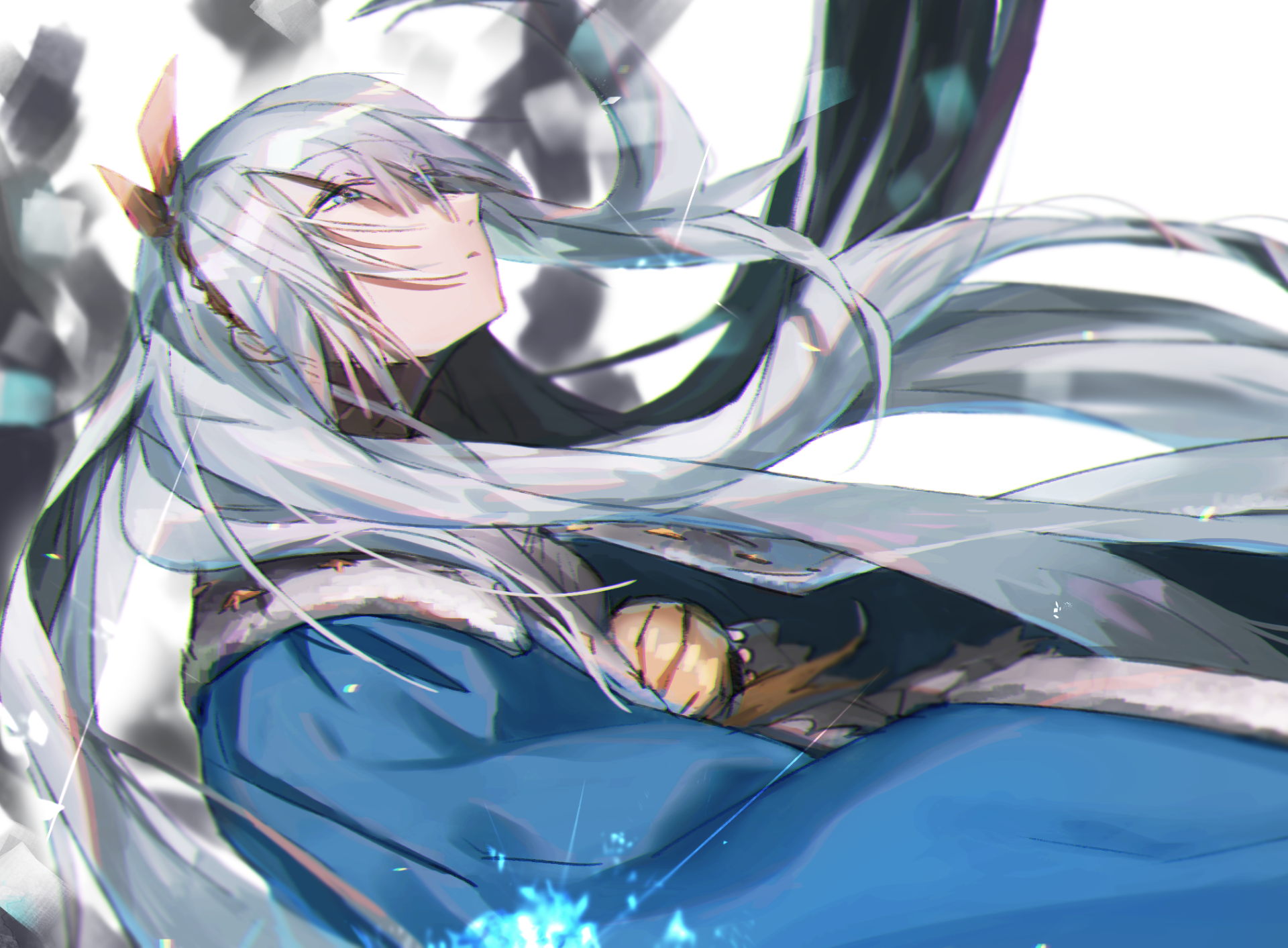Anastasia from Fate/Grand Order anime, reclining with long silver hair and blue coat, serene gaze and flowing ribbons — HD PC desktop wallpaper/background.