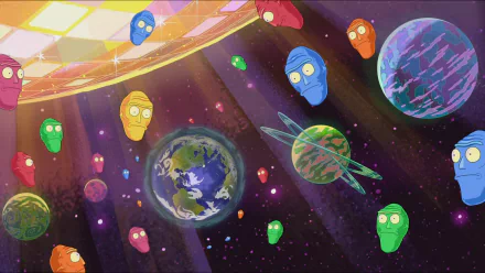 HD PC desktop wallpaper featuring colorful Cromulons and planets from the TV show Rick and Morty in a vibrant cosmic scene.
