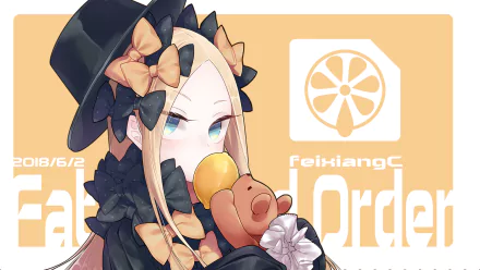 HD PC desktop wallpaper of Abigail Williams (Fate/Grand Order), anime-style, wearing a black hat with bows and holding a teddy bear and an orange against a pastel orange backdrop.
