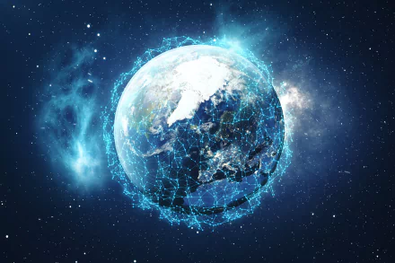 8K Ultra HD PC desktop wallpaper depicting Earth surrounded by a digital network, symbolizing global technology and internet connectivity.