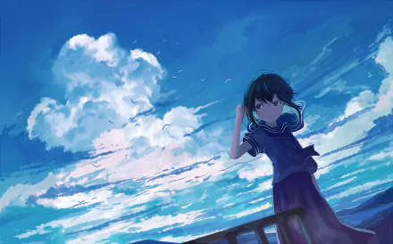 Anime-style girl with short black hair and blue eyes stands on a balcony under a vibrant sky, accompanied by a small bird flying nearby in this HD desktop wallpaper.