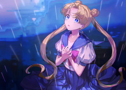 HD PC desktop wallpaper featuring Usagi Tsukino from Sailor Moon in a rain-soaked scene, captured in vibrant anime style with expressive blue tones.