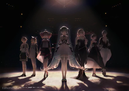 An HD desktop wallpaper featuring Vocaloid characters Kasane Teto, Meiko, Luka Megurine, Kaito, Rin Kagamine, Len Kagamine, and Hatsune Miku standing together on stage, illuminated by dramatic lighting.