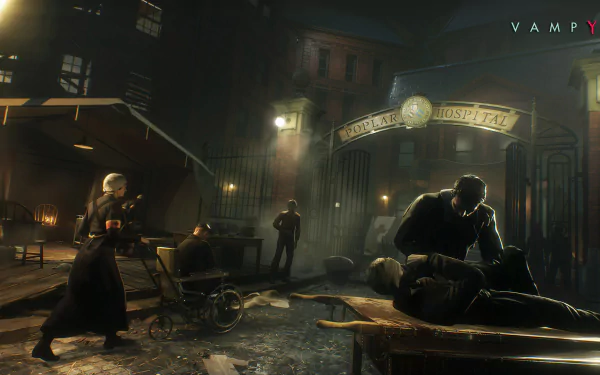 HD PC desktop wallpaper featuring a dark, atmospheric scene from the video game Vampyr outside a hospital at night.