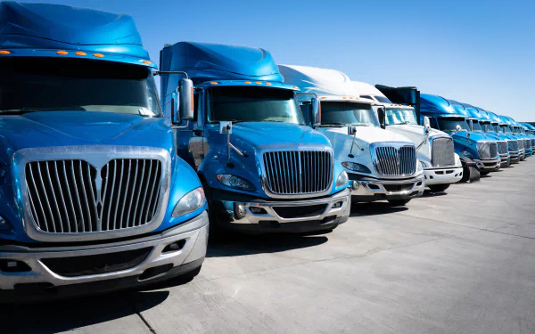 8K Ultra HD PC desktop wallpaper showing a row of blue and white semi-trucks (vehicles) parked on a sunlit lot beneath a clear blue sky.