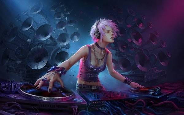 Music DJ Short Hair Pink Hair Headphones Speakers HD Wallpaper | Background Image