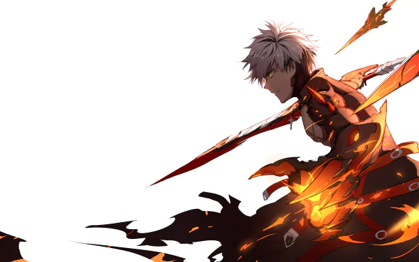 Raven from the video game Elsword in dynamic pose with fiery effects, showcased in a 4K Ultra HD PC desktop wallpaper and background.