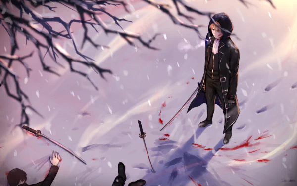 HD PC desktop wallpaper of Okita Sougo (Gintama) — anime scene: he stands on blood-splattered snow with discarded swords and a fallen opponent beneath bare winter branches.