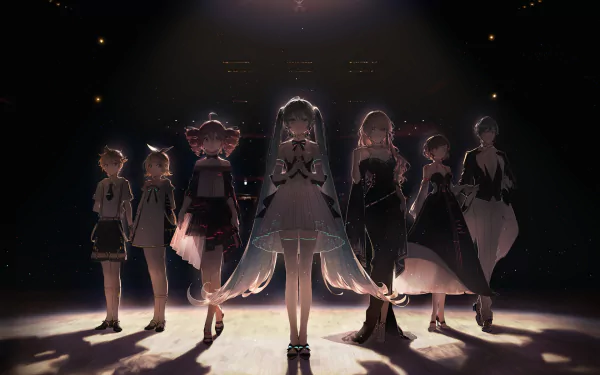 An HD desktop wallpaper featuring Vocaloid characters Kasane Teto, Meiko, Luka Megurine, Kaito, Rin Kagamine, Len Kagamine, and Hatsune Miku standing together on stage, illuminated by dramatic lighting.