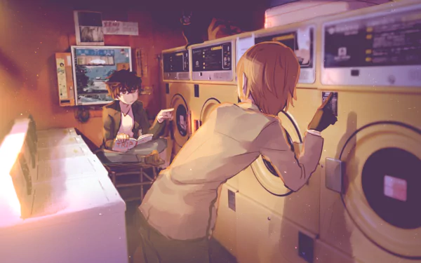 HD PC desktop wallpaper: Persona 5’s Joker seated in a laundromat, Goro Akechi leaning on a dryer with Morgana nearby, warm cinematic lighting and video game style.