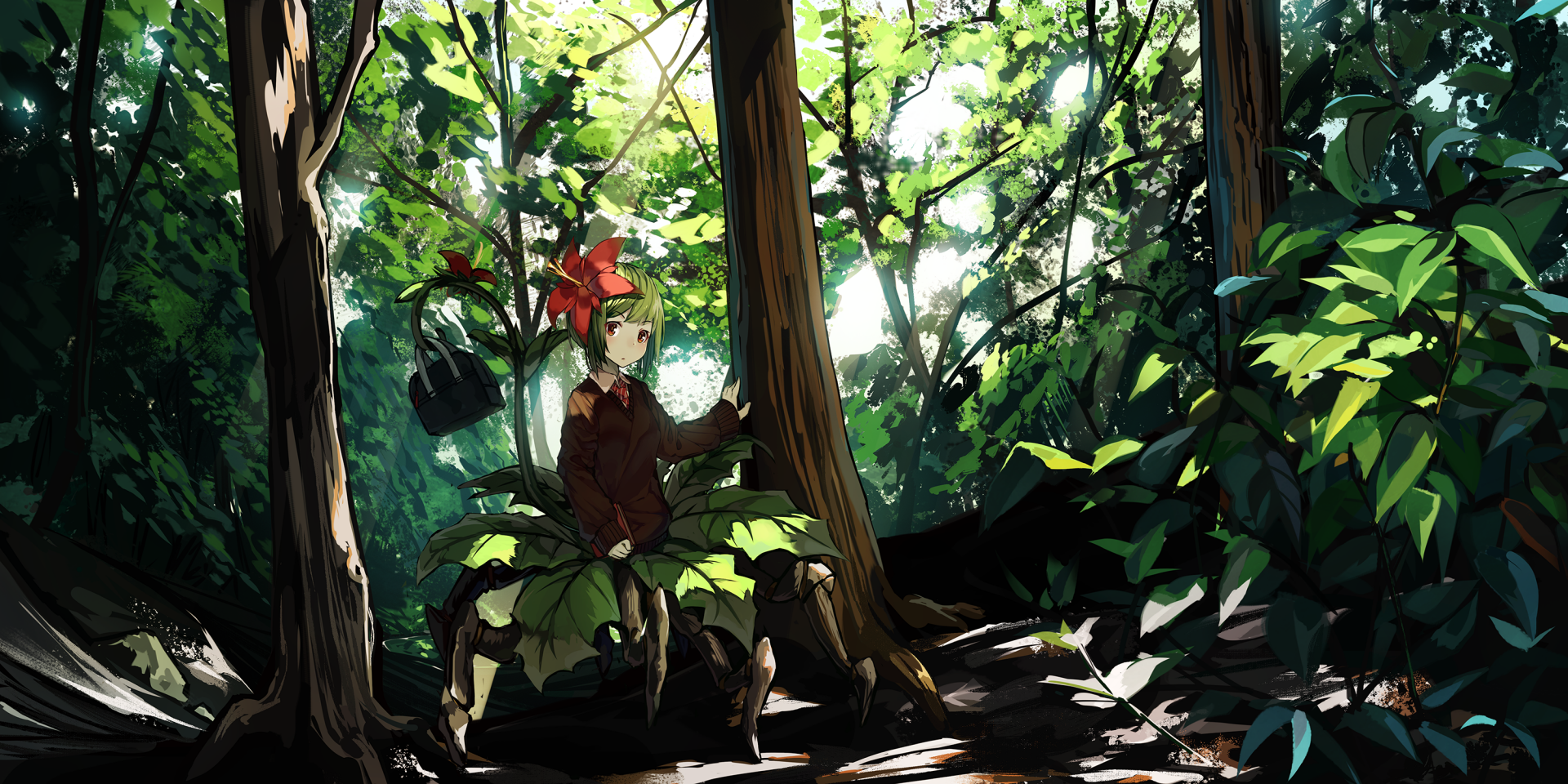 Anime-style character with green short hair and red eyes sits on a large leaf in a lush forest, holding a bag beside vibrant flowers and dense foliage.