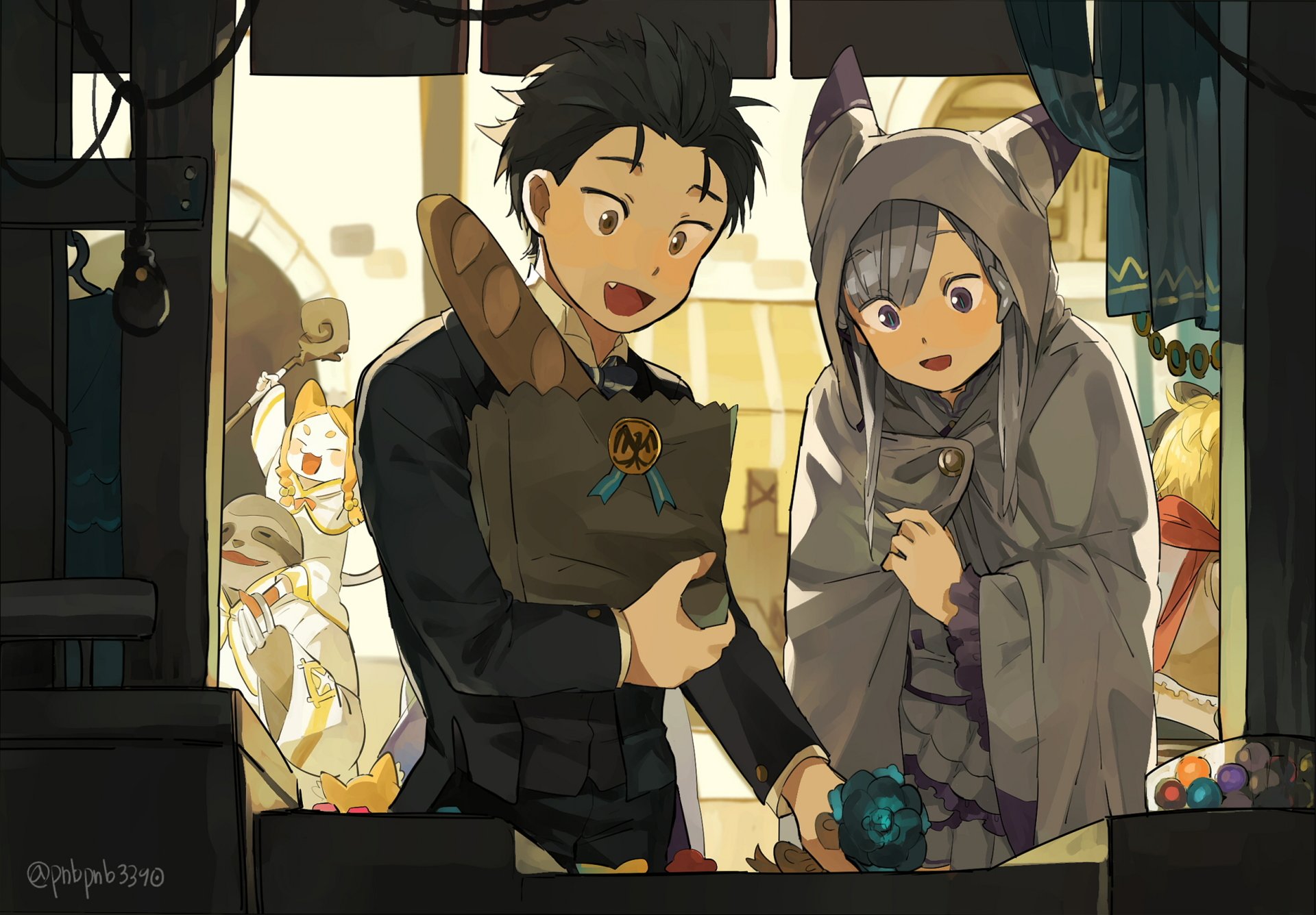 Anime characters Subaru Natsuki and Emilia from Re:Zero - Starting Life in Another World excitedly shopping in a market. The HD wallpaper includes a tag for Mimi Pearlbaton.