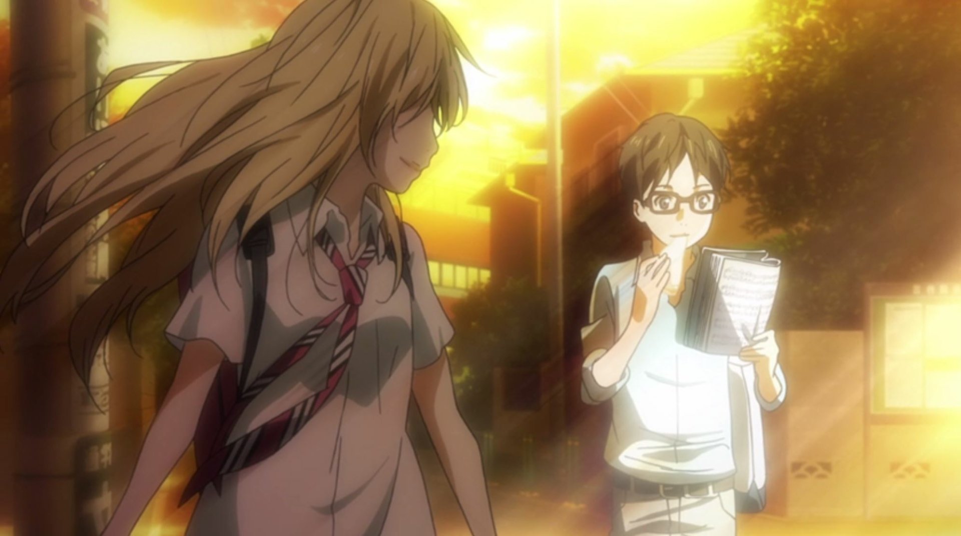 HD wallpaper featuring anime characters Kousei Arima and Kaori Miyazono from Your Lie in April, walking together during a warm sunset.