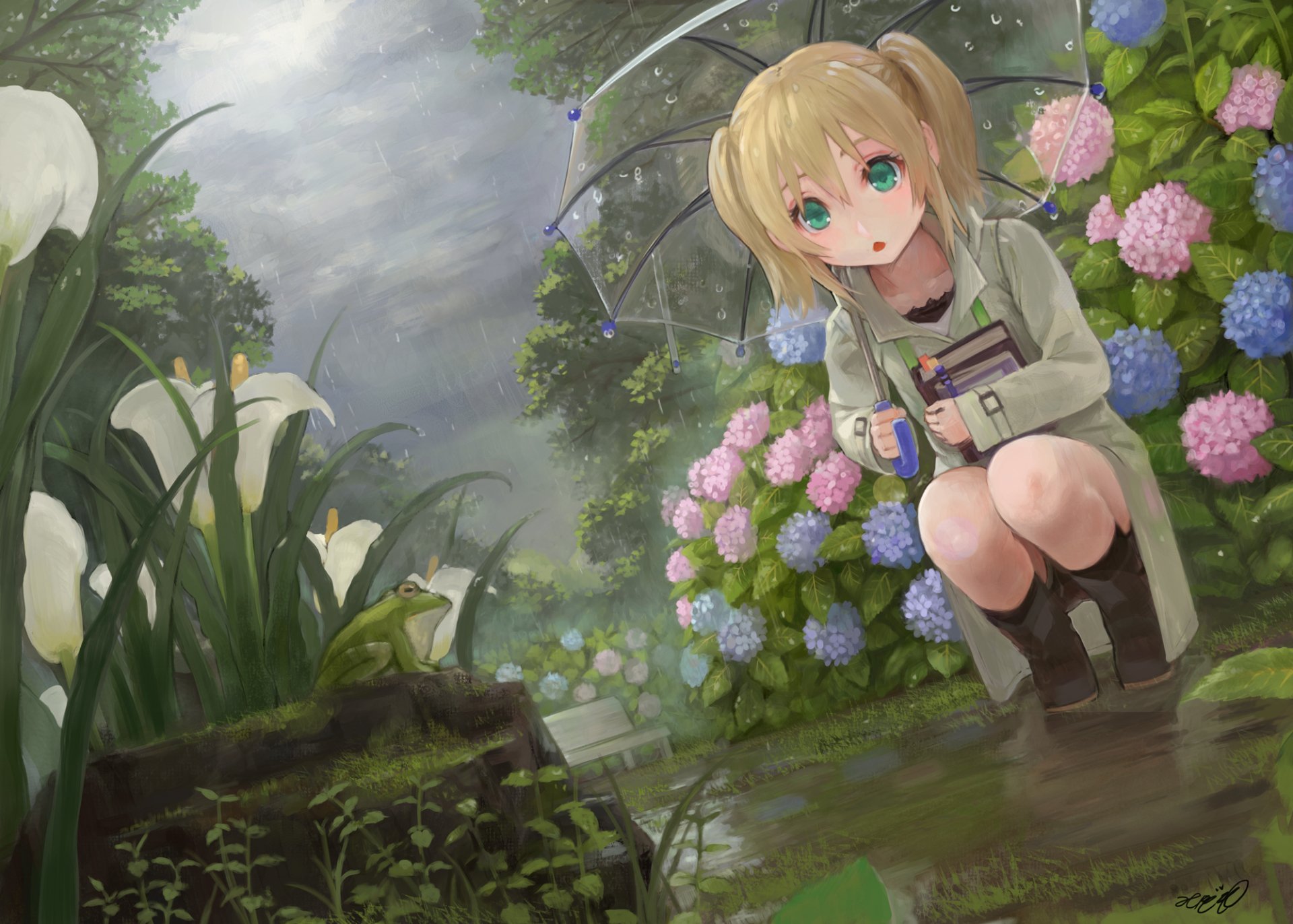 Anime-style blonde girl with green eyes and short twintails holds a transparent umbrella surrounded by flowers in the rain, captured in an HD desktop wallpaper background.
