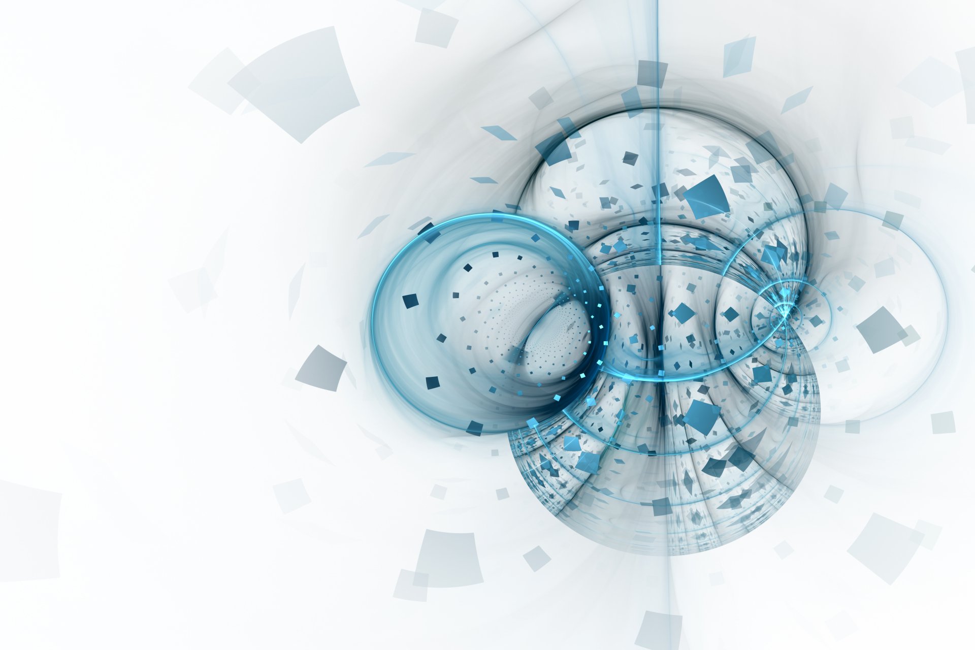 Abstract circular blue-white design with overlapping translucent rings and floating geometric fragments — 5K Ultra HD PC desktop wallpaper background.