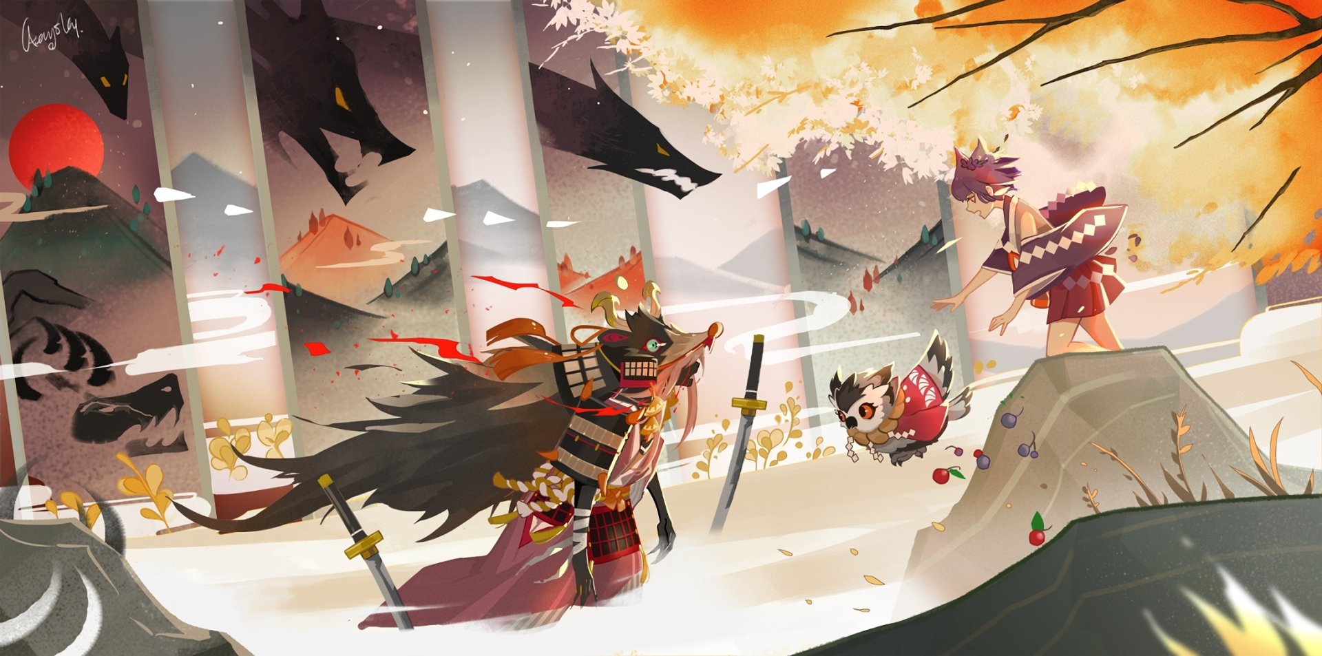 HD anime Onmyoji desktop wallpaper featuring two armored characters facing each other in a serene, snowy landscape with an orange sky and cherry blossoms.